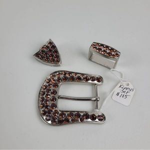 Kippys Belt Buckle Set Brown Silver Swarovski Crystals